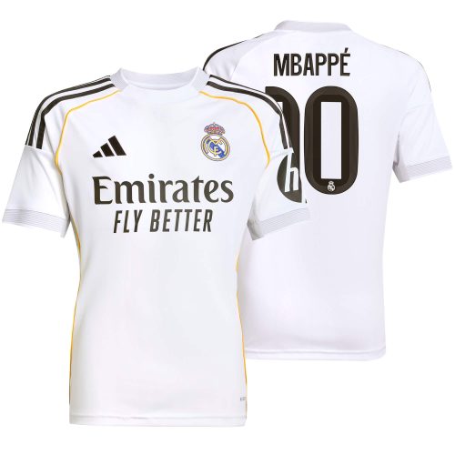 adidas Kids Real Madrid 2025/26 Home Jersey w/ Mbappe #10 Printing
